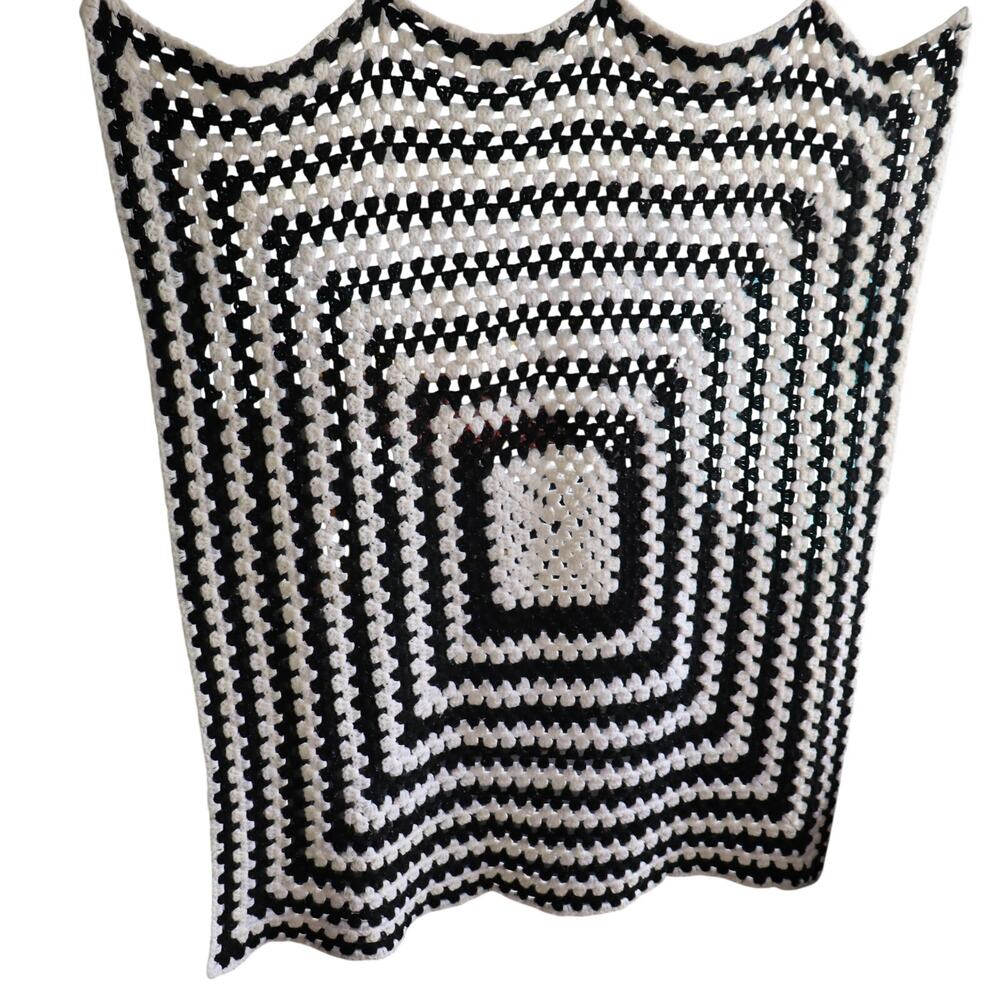 Handmade Black White Crochet Granny Square Throw 48x48 Modern‎ Boho